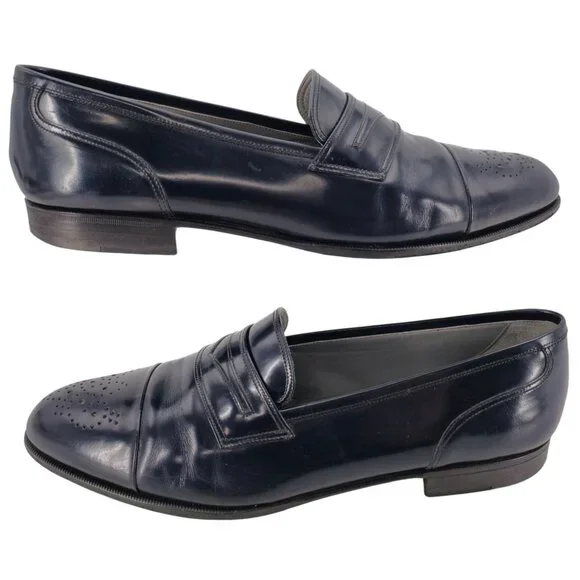 Vintage Bally Italy Navy Blue Leather Dress Shoes Mens 11.5 Penny Loafers Morris - Picture 4 of 11